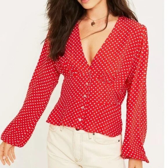 Free People Red White Retro Polka Dot Long Sleeve Love Street Top 37629 - Picture 1 of 10